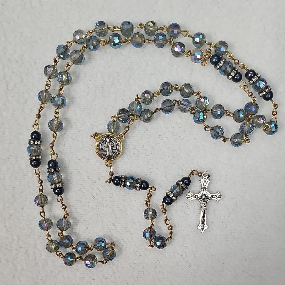 Blue Iridescent Glass Bead Rosary Necklace - Unbranded